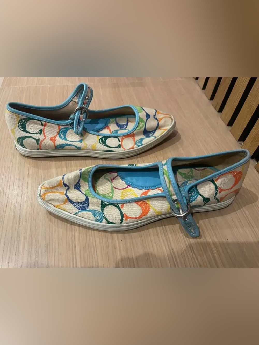 Coach Multicolor Signature Mary Jane Flats with Blue Trim